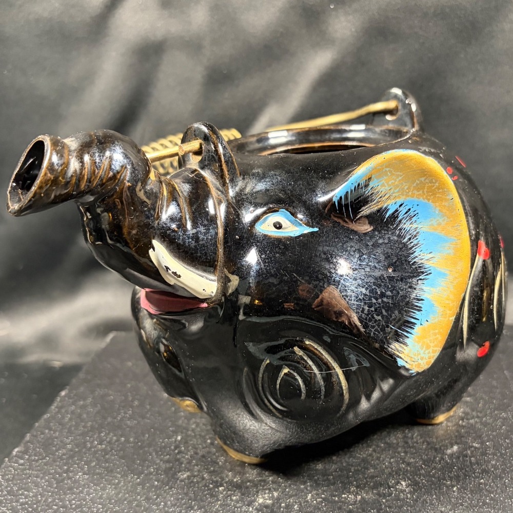 Vintage Black Ceramic Elephant Teapot Hand Painted Mid Century Studio Pottery